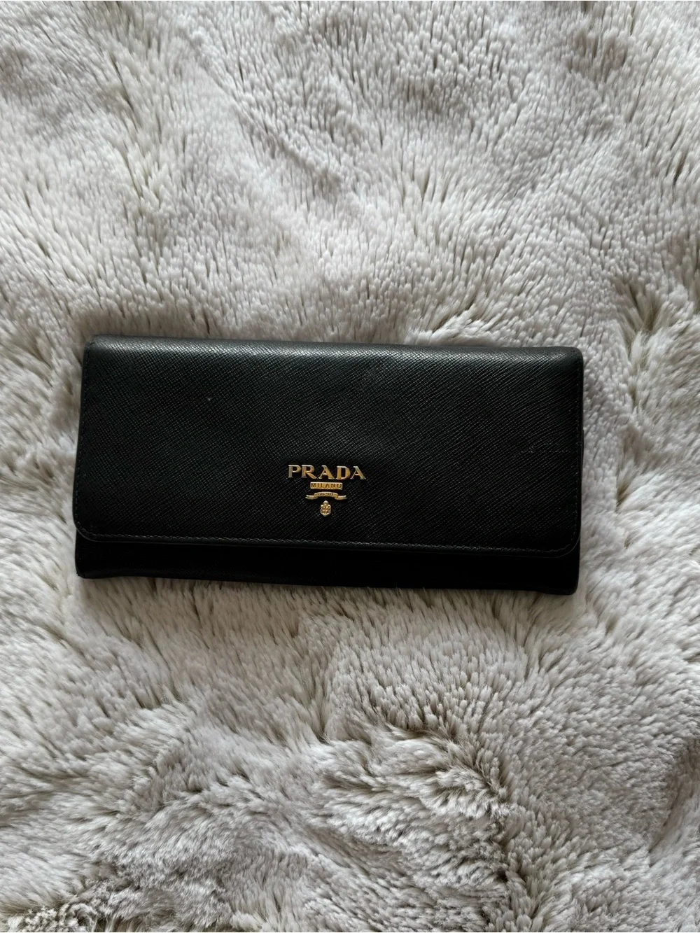 Vintage Prada Black Saffiano Leather Continental Wallet with Gold Logo